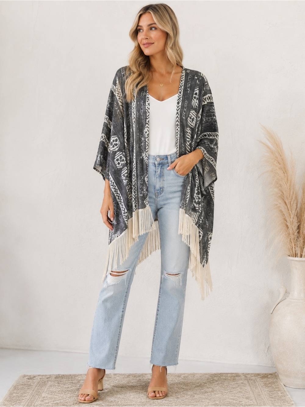 Hollister Boho Tassel Sheer Black & White Kimono